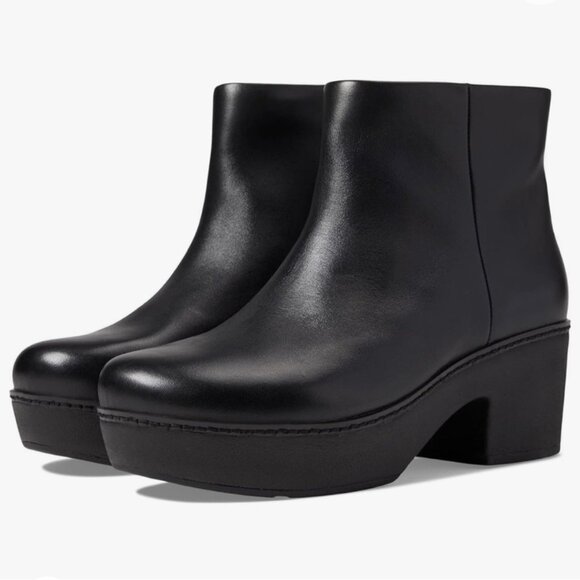 Fitflop Women's Pilar Leather Ankle Boots 7 Black Platform Chunky Heel Booties - Picture 10 of 11